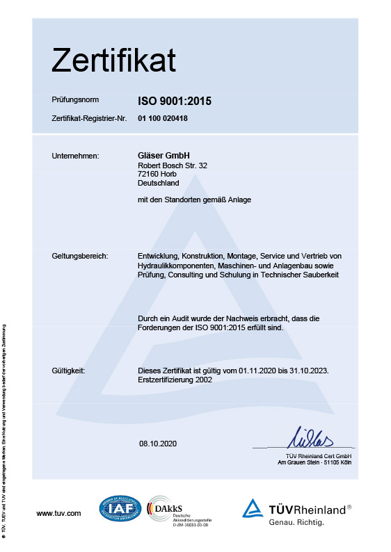 Zertifikat ISO 9001 Gläser GmbH<br>deutsche Version