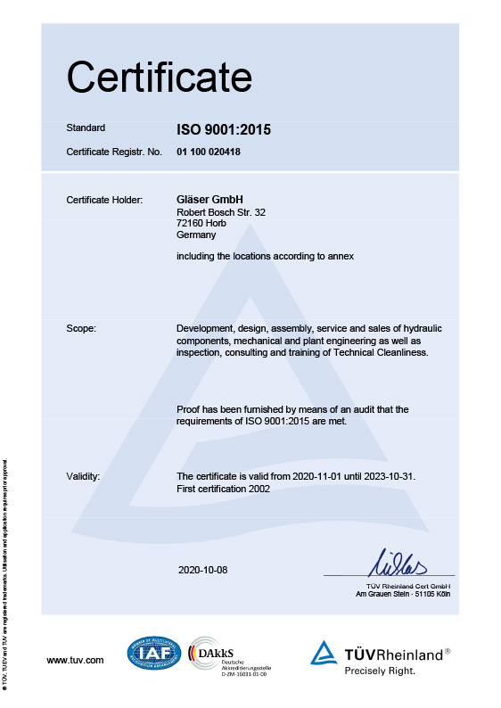 Zertifikat ISO 9001 Gläser GmbH<br>englische Version